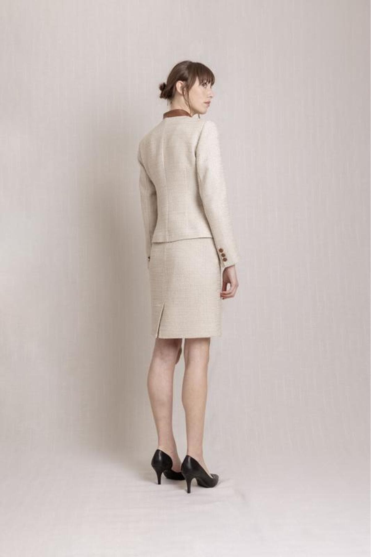 Beige Tweed Jacket Skirt Suit Dress
