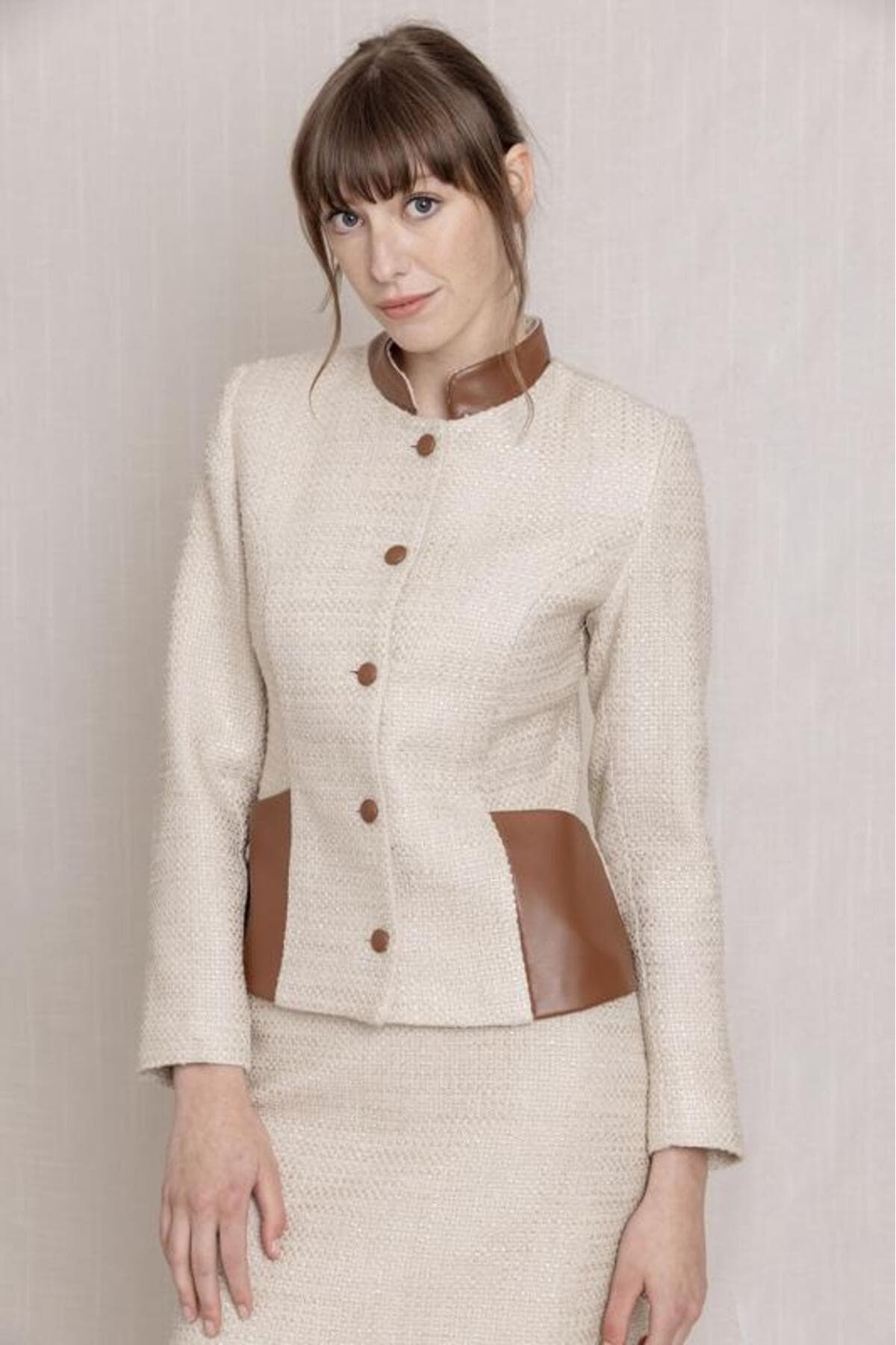 Beige Tweed Jacket Skirt Suit Dress