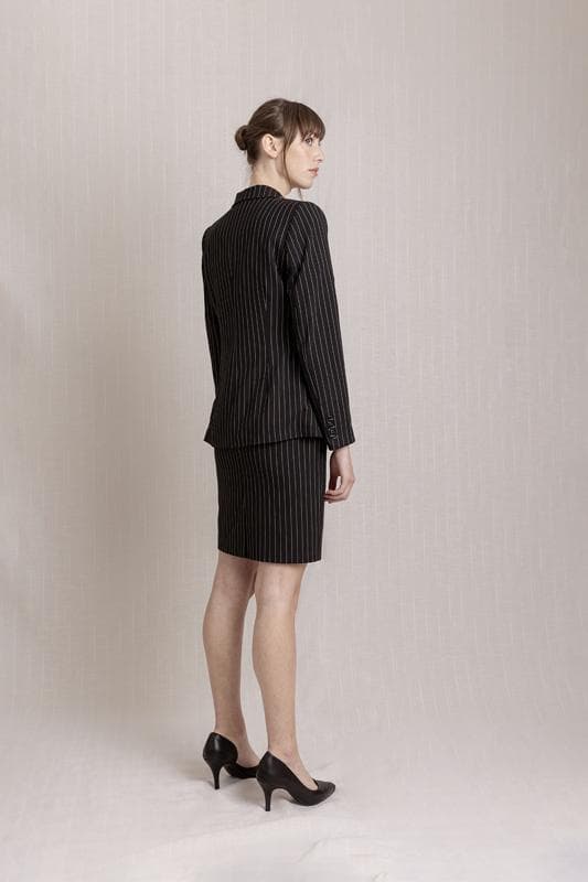 White Striped Black Jacket Skirt Suit Dress