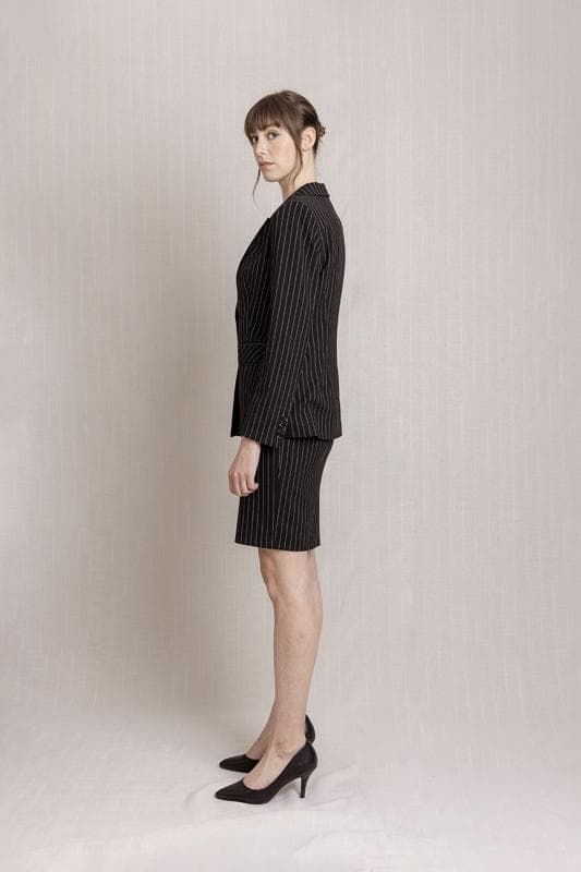 White Striped Black Jacket Skirt Suit Dress