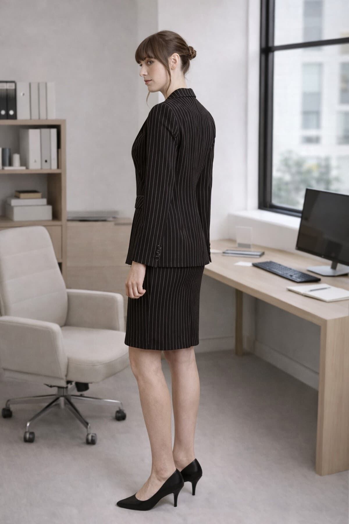 White Striped Black Jacket Skirt Suit Dress