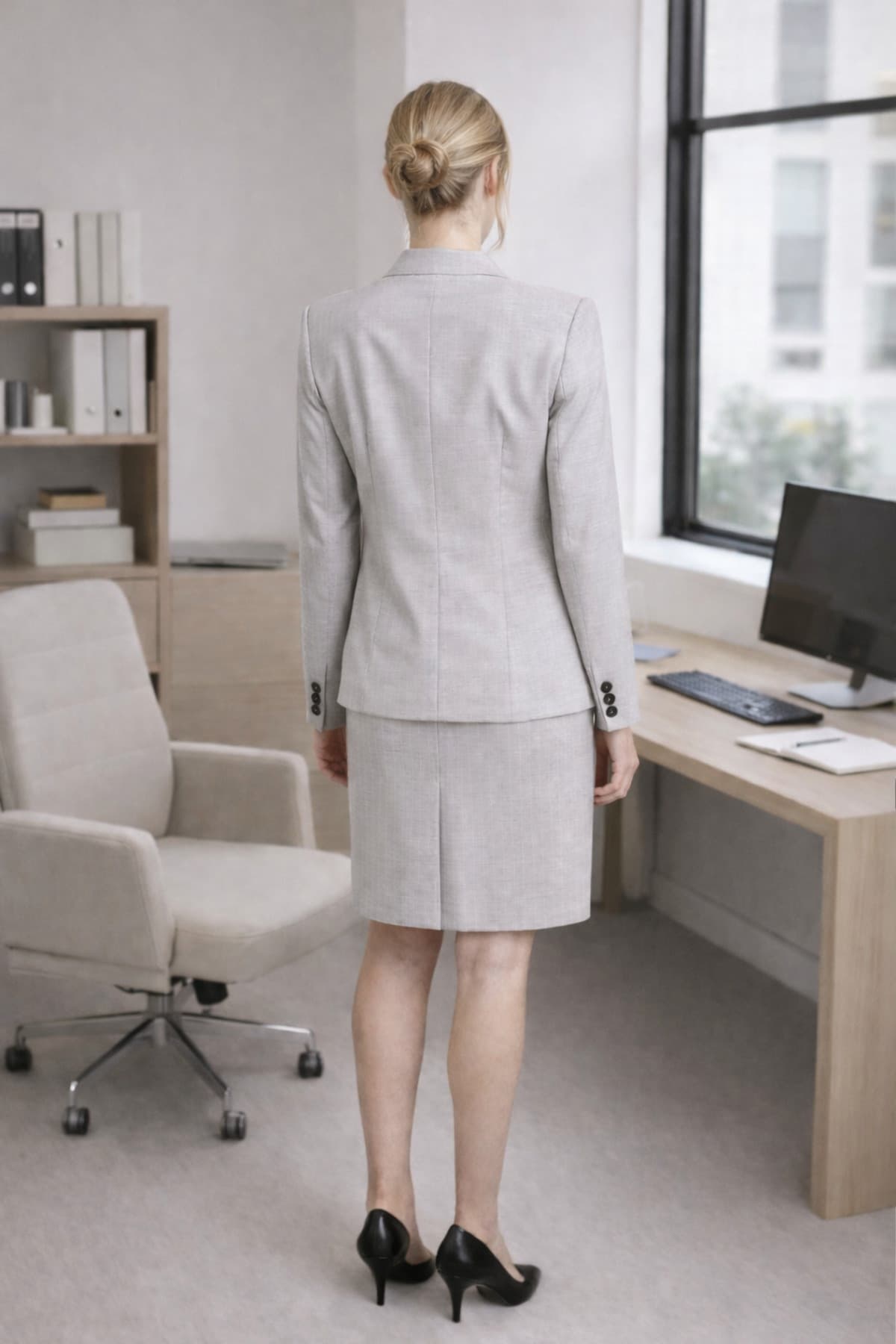 White Striped Gray Jacket Skirt Suit Dress