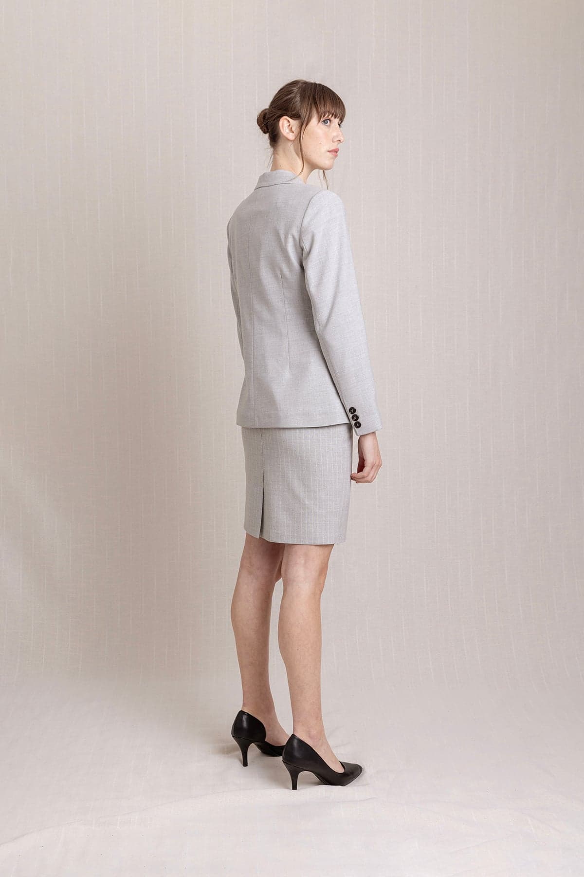 White Striped Gray Jacket Skirt Suit Dress