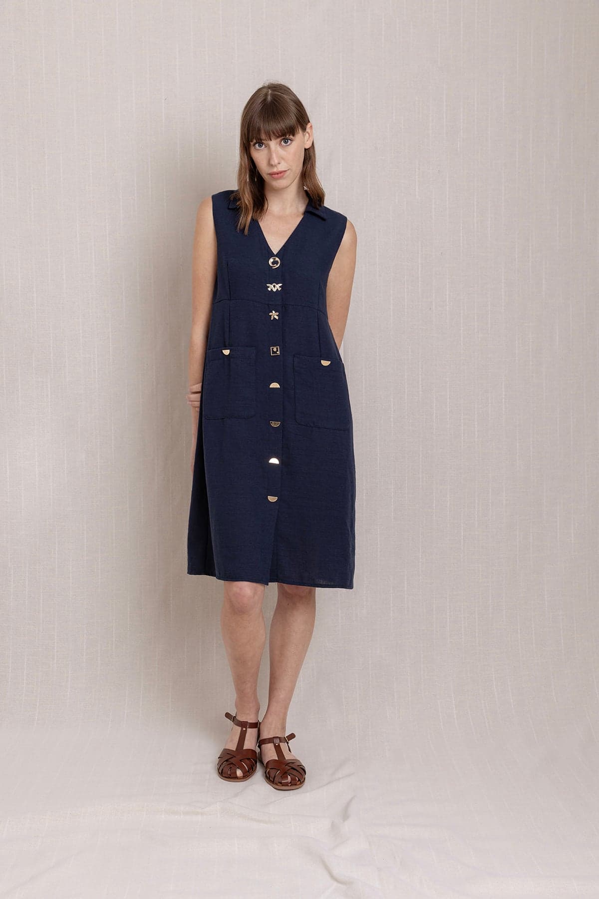 Navy Snap-Button Shirt Collar Linen Dress
