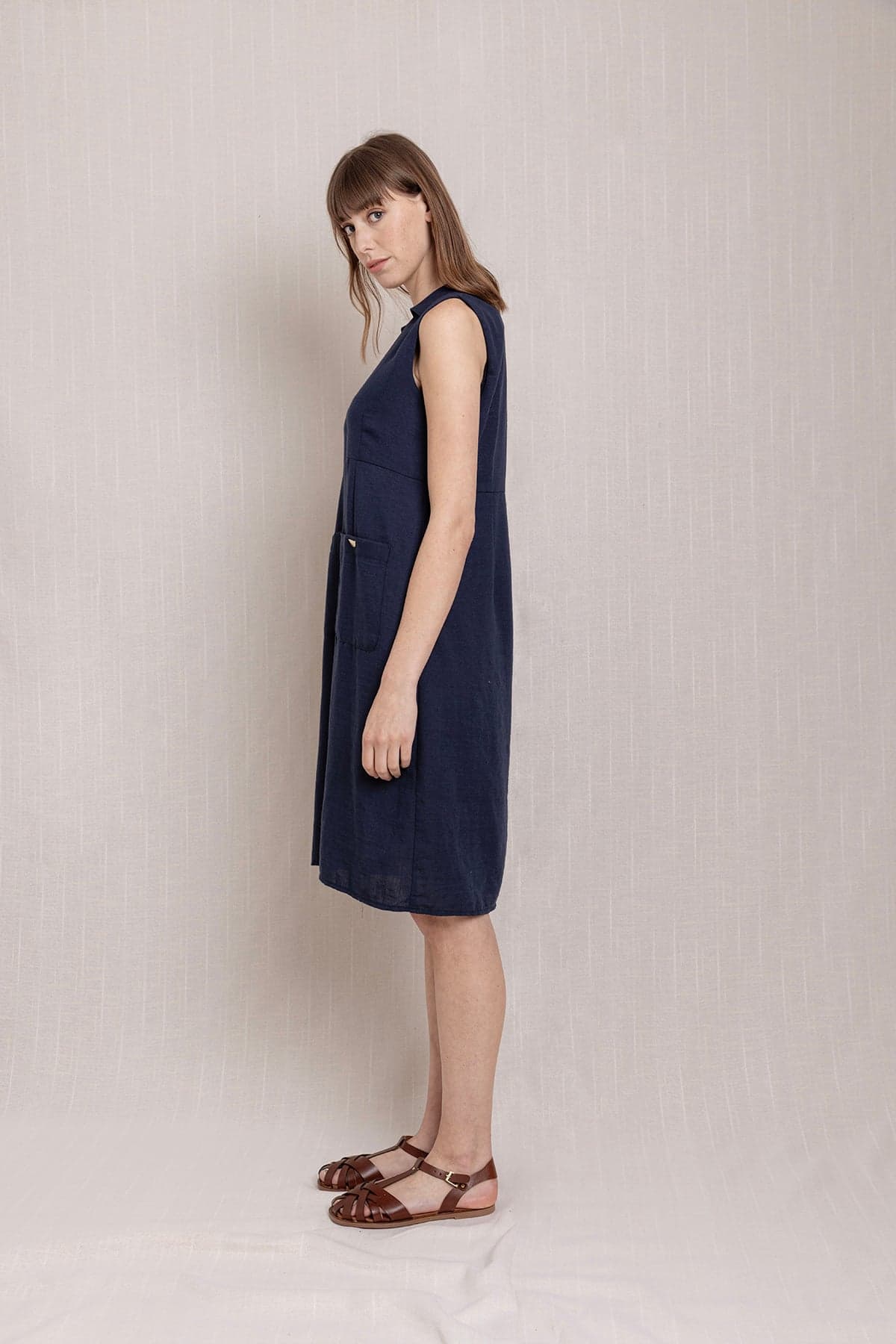Navy Snap-Button Shirt Collar Linen Dress
