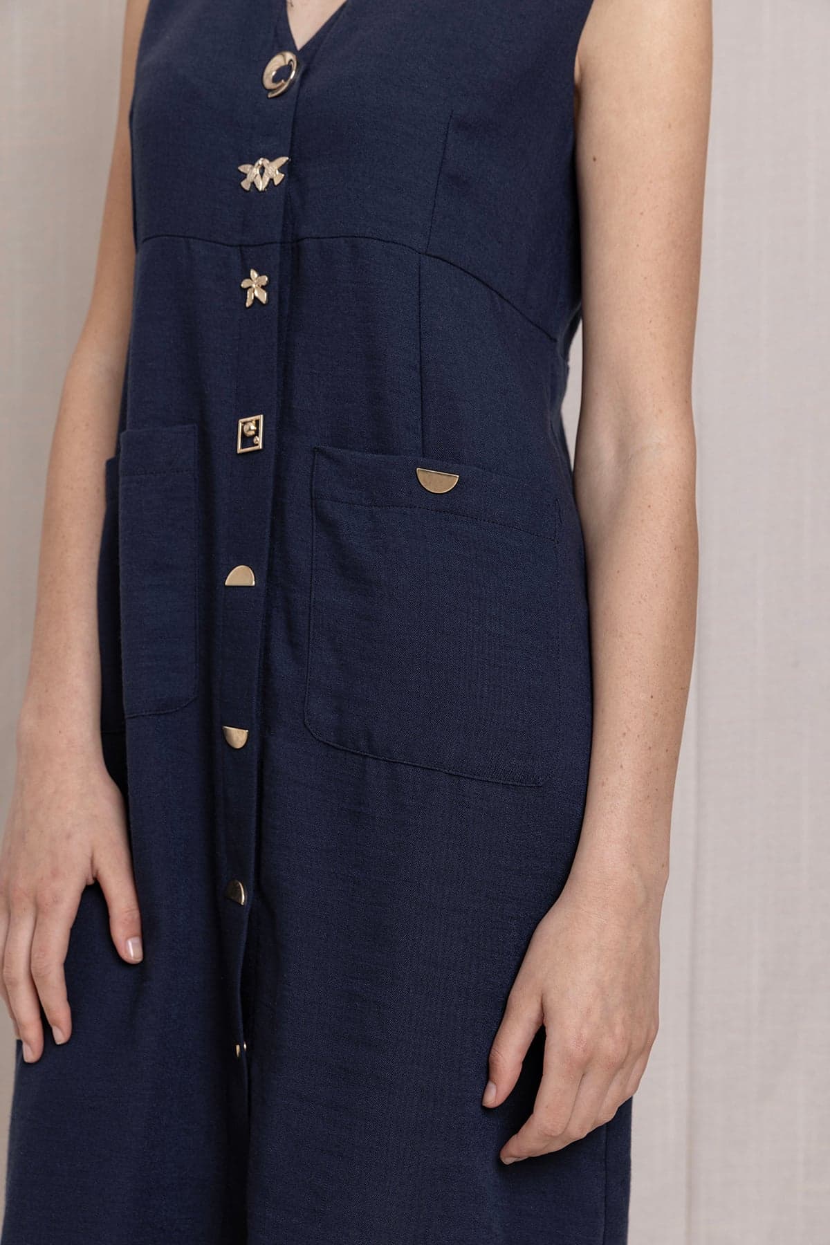 Navy Snap-Button Shirt Collar Linen Dress
