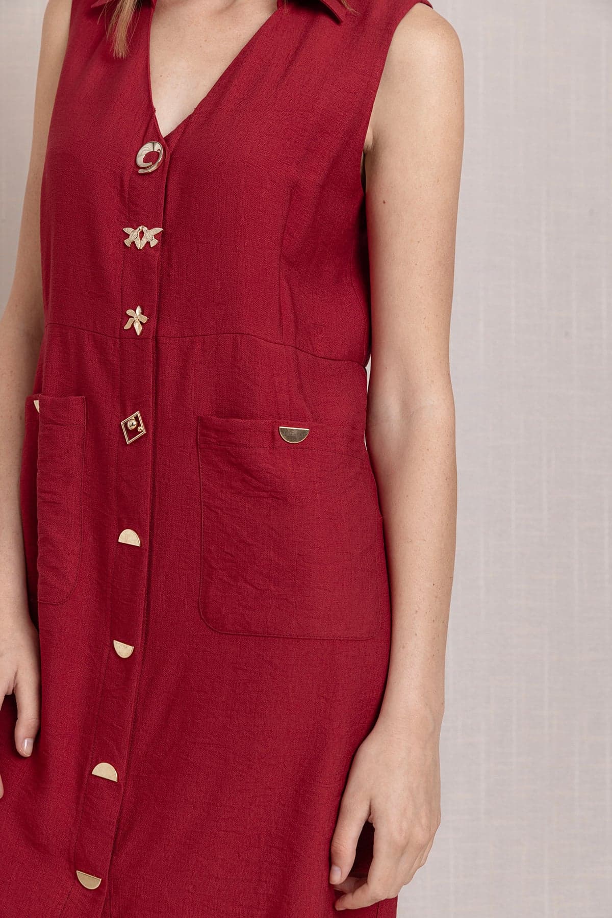 Red Snap Button Shirt Collar Linen Dress