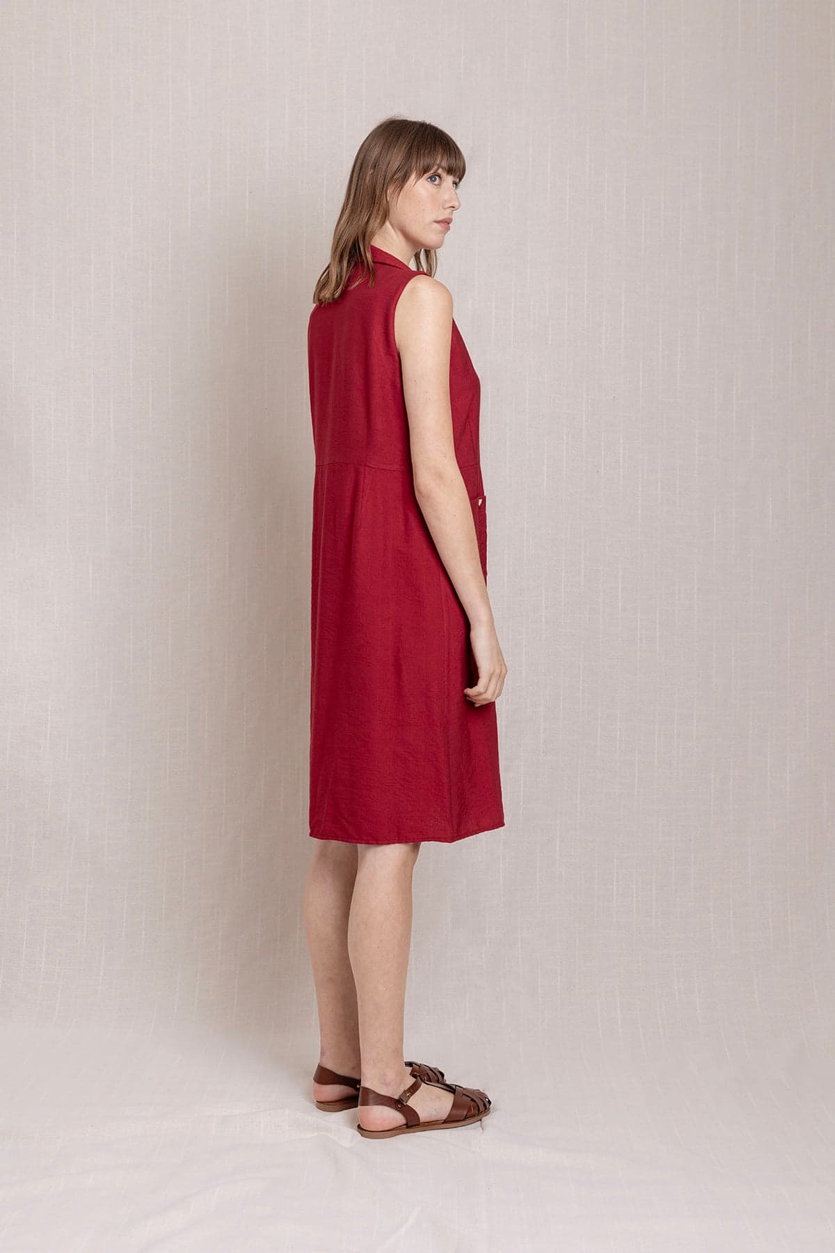 Red Snap Button Shirt Collar Linen Dress