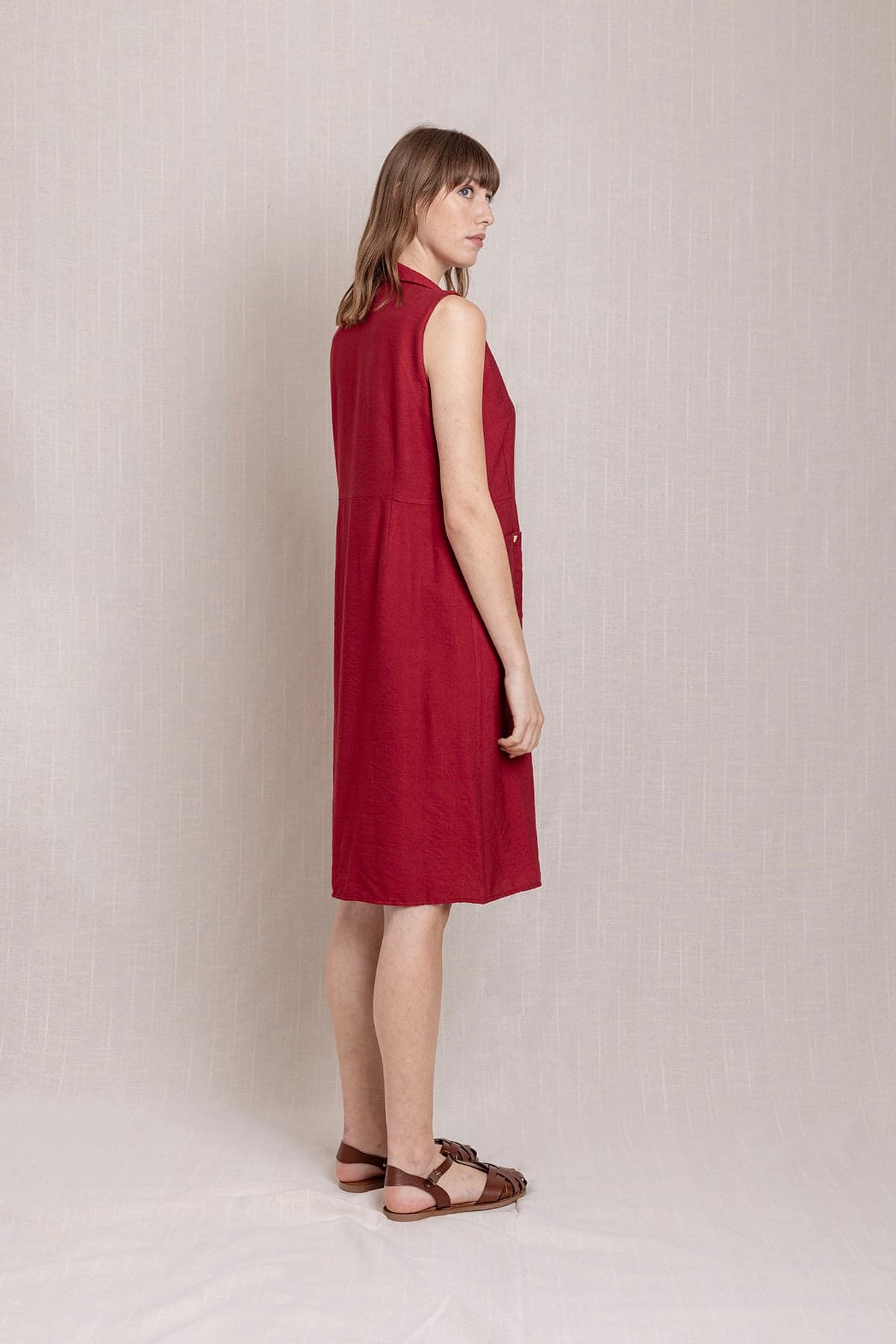 Red Snap Button Shirt Collar Linen Dress