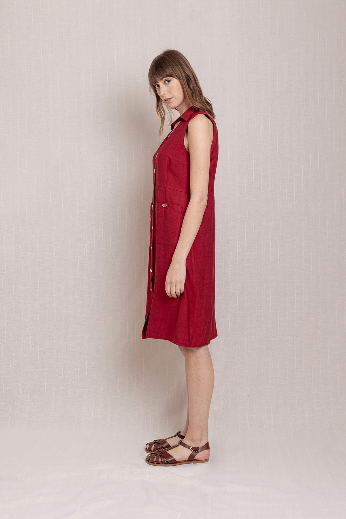 Red Snap Button Shirt Collar Linen Dress