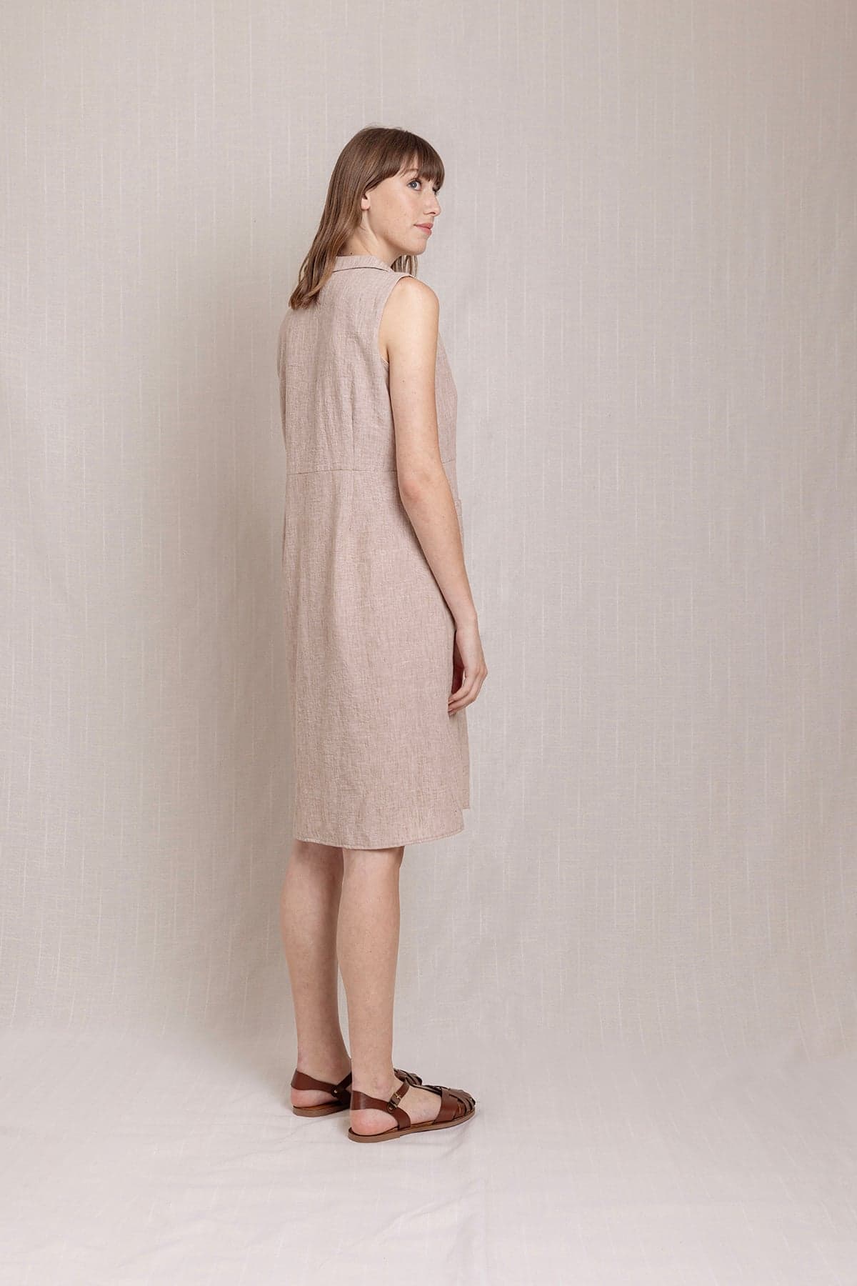 Beige Snap Button Shirt Collar Linen Dress