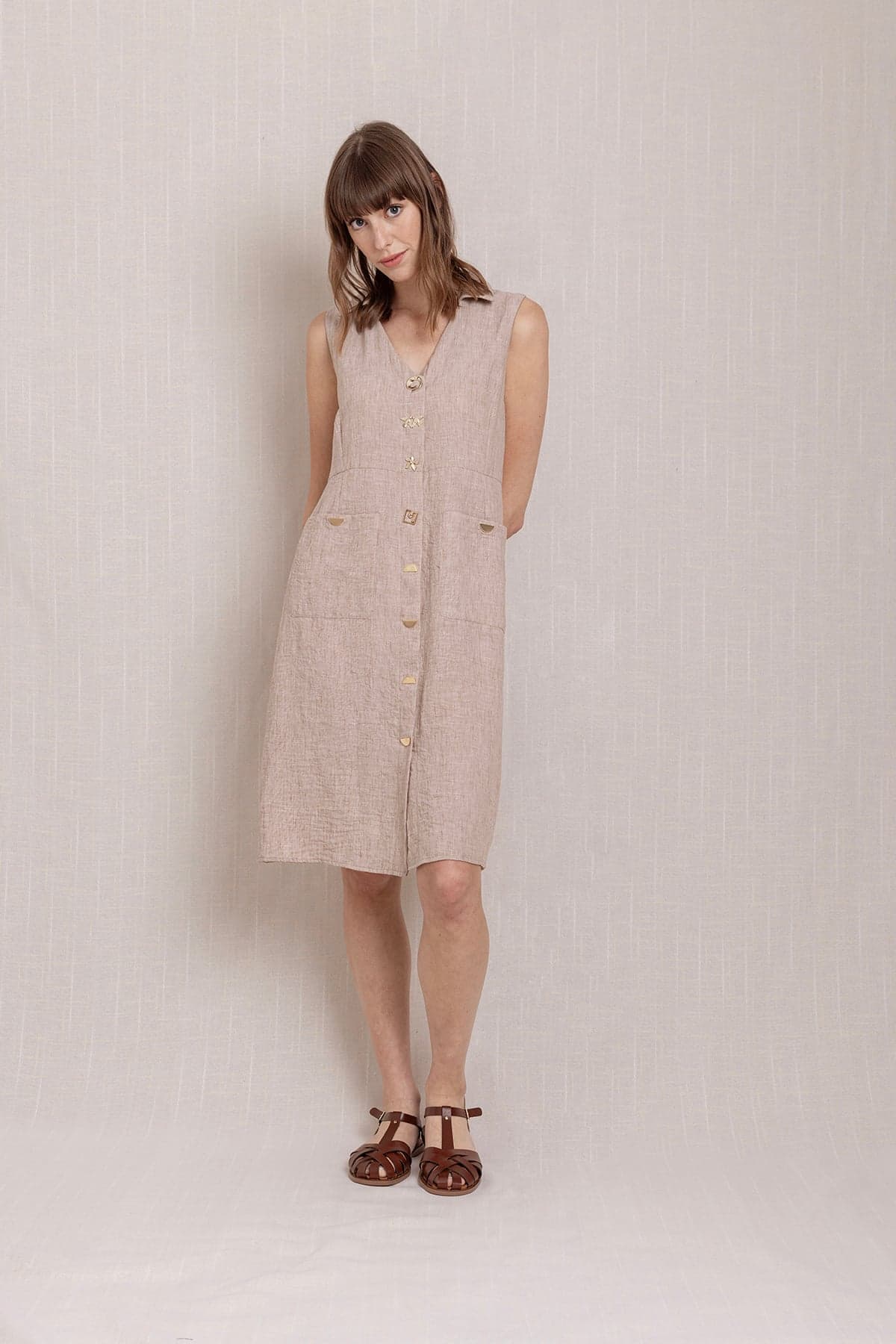 Beige Snap Button Shirt Collar Linen Dress