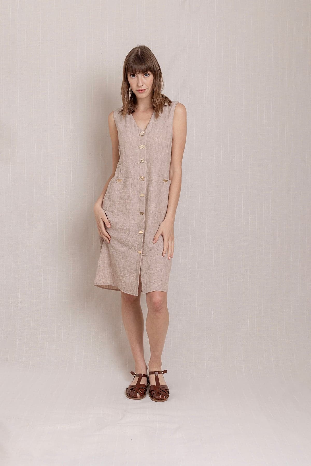 Beige Snap Button Shirt Collar Linen Dress