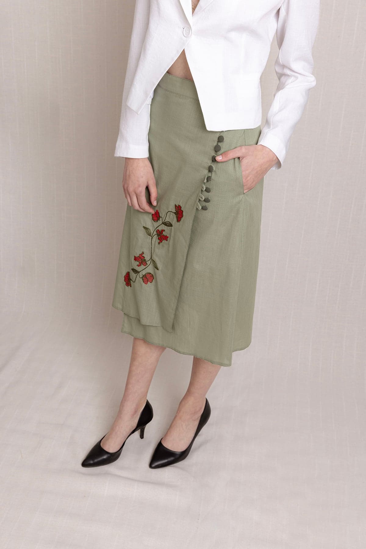 Sage Green Embroidered Long Envelope Summer Linen Skirt