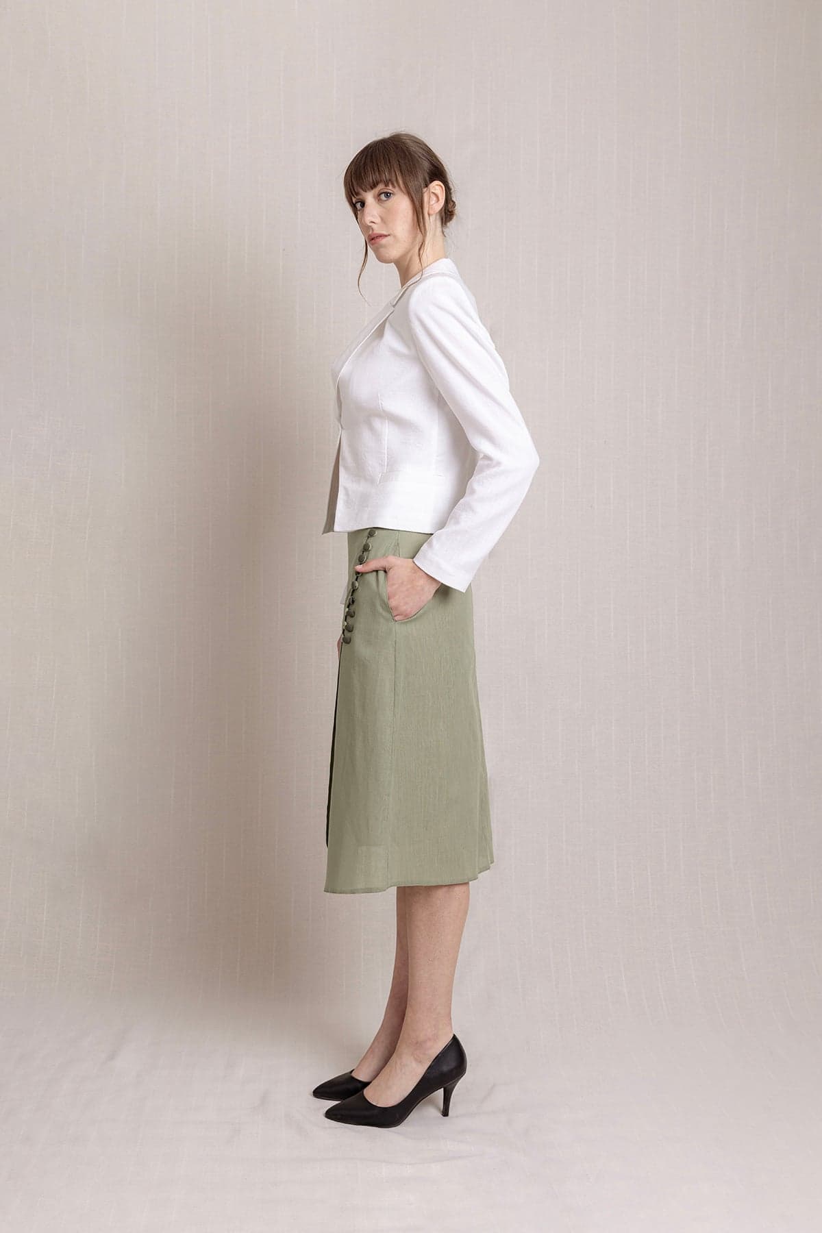 Sage Green Embroidered Long Envelope Summer Linen Skirt