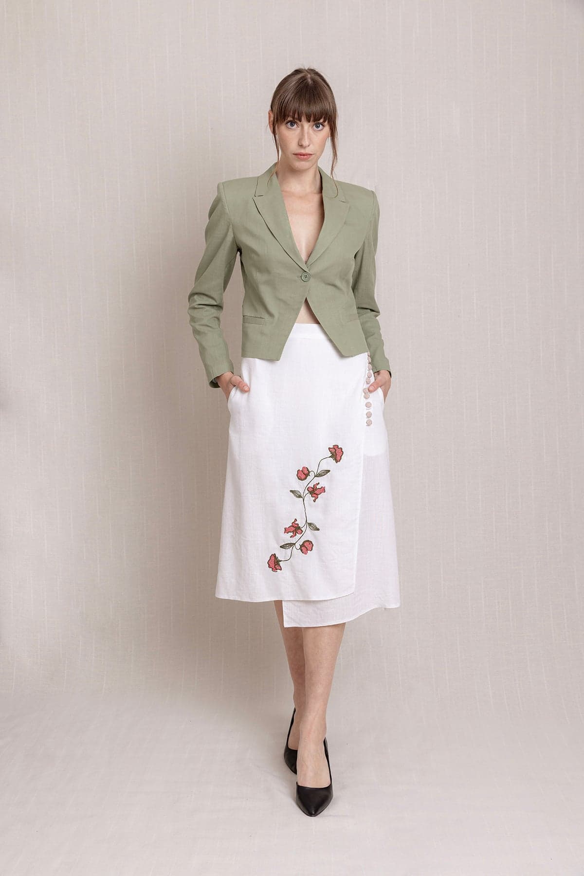White Embroidered Long Envelope Summer Linen Skirt