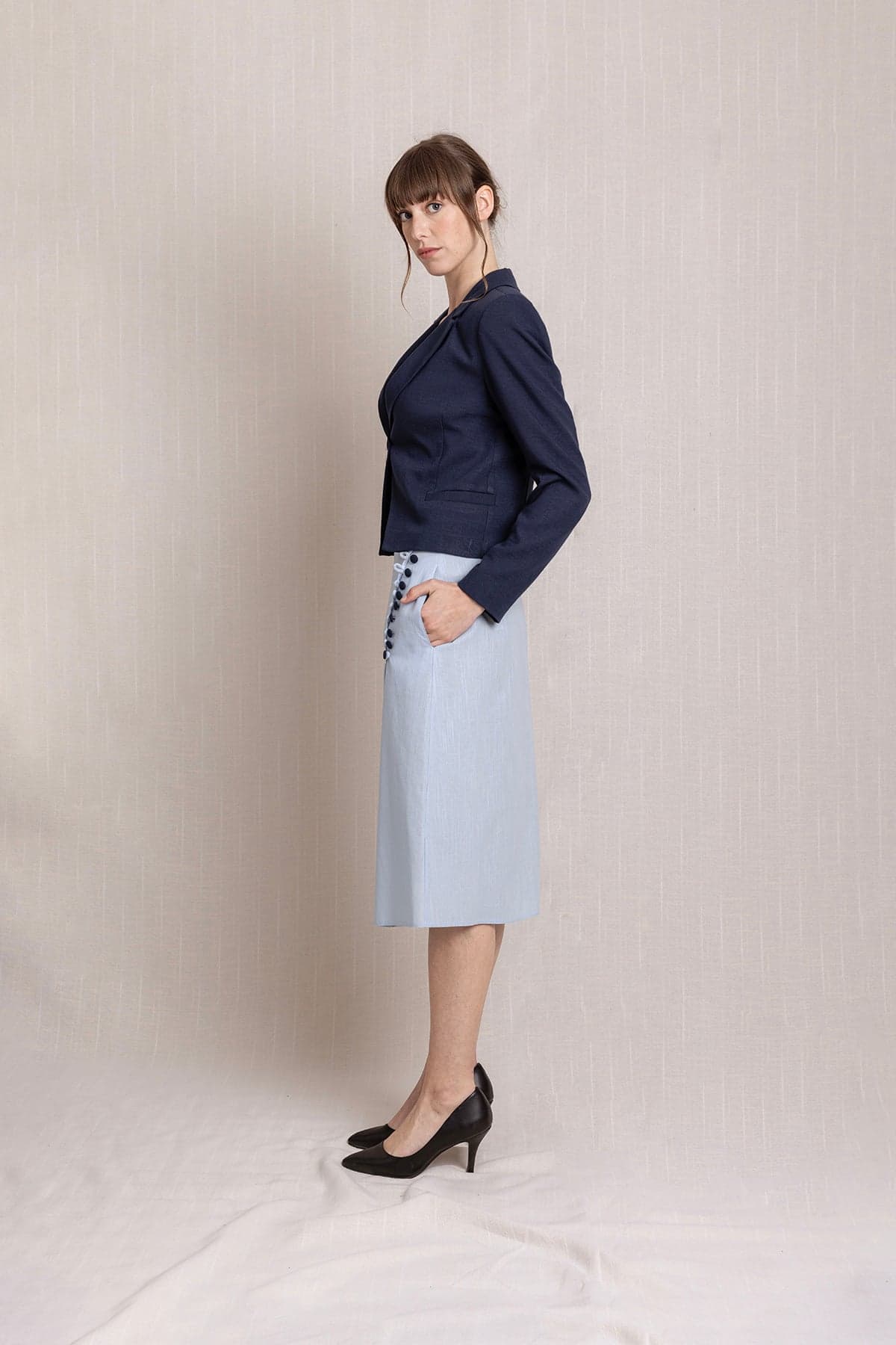 Blue Embroidered Long Envelope Summer Linen Skirt