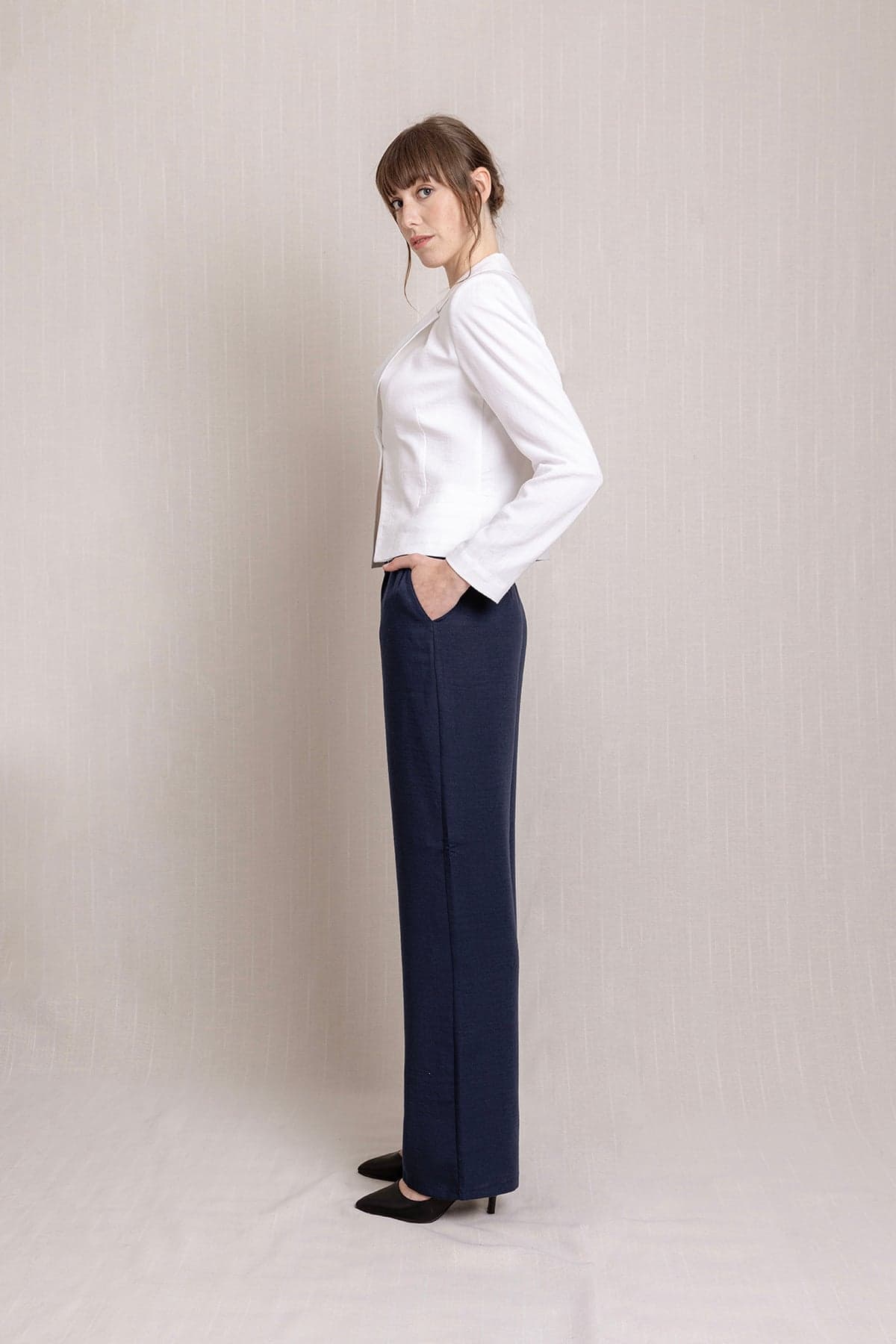 Navy Blue Pleated Palazzo Linen Pants