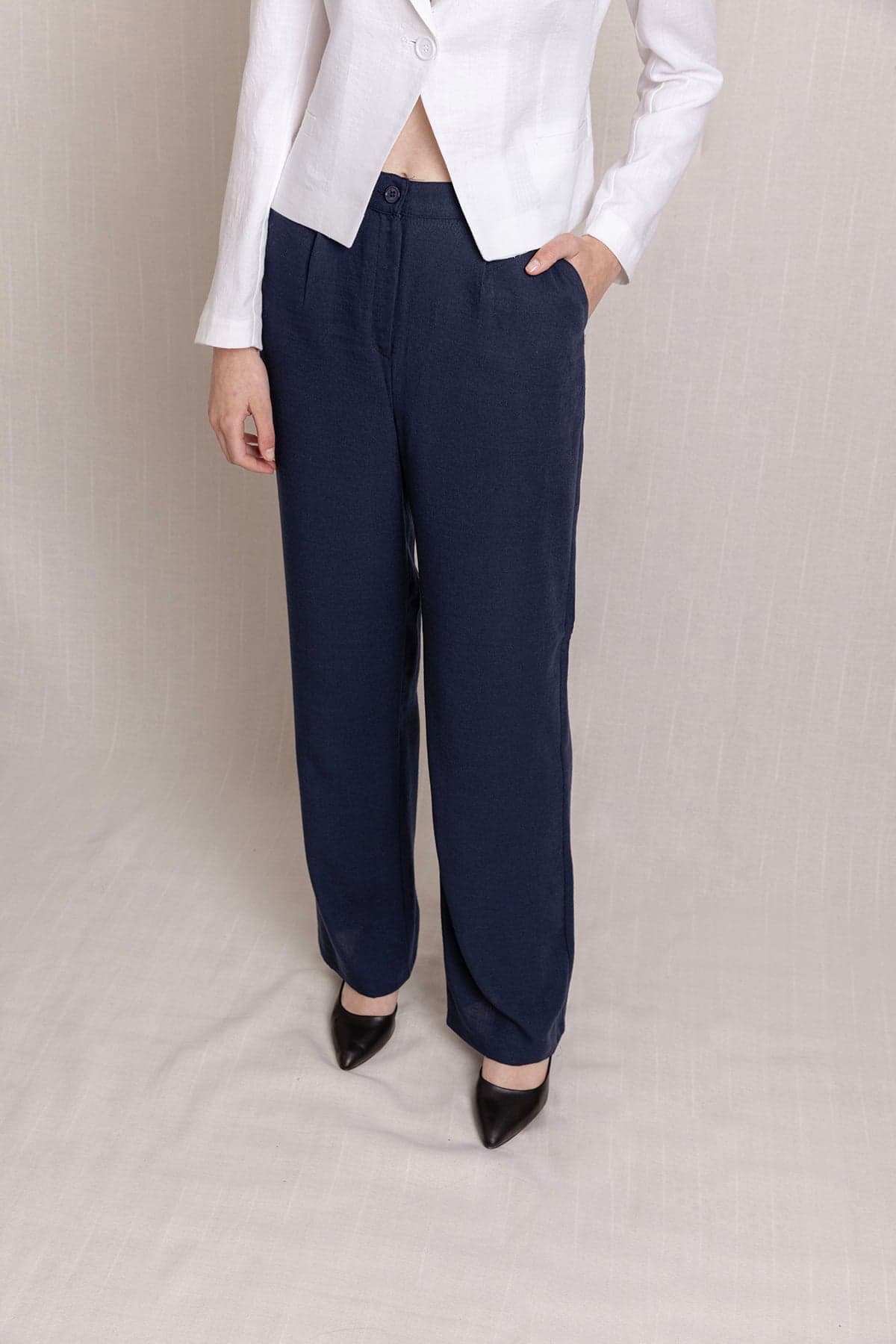 Navy Blue Pleated Palazzo Linen Pants