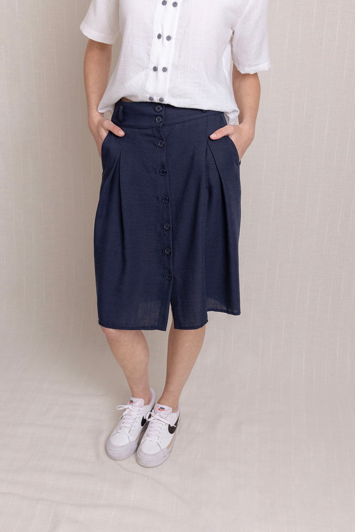 Navy Blue Front Button Pocket Pleated Linen Skirt