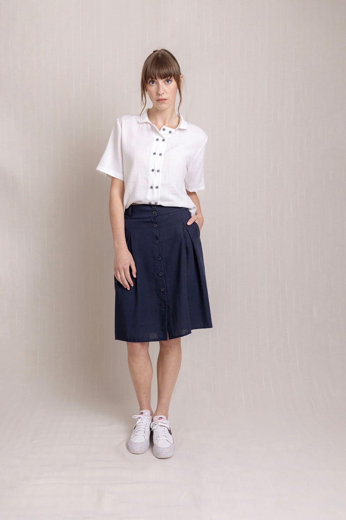 Navy Blue Front Button Pocket Pleated Linen Skirt