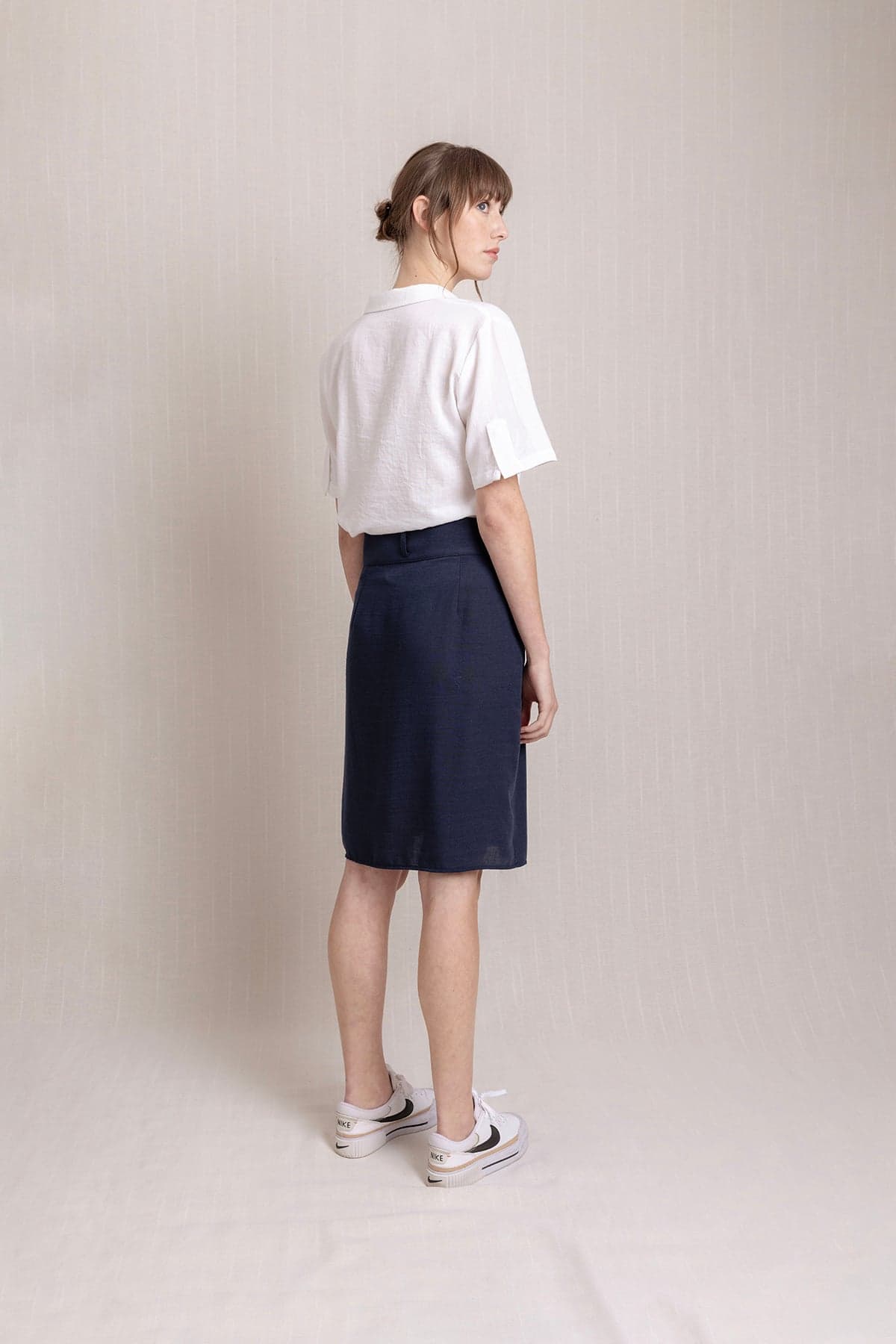 Navy Blue Front Button Pocket Pleated Linen Skirt