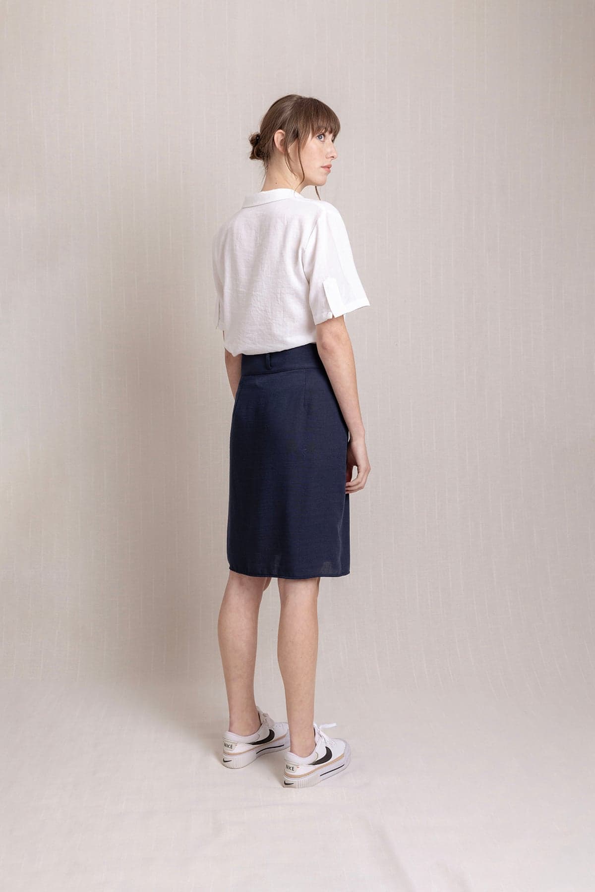 Navy Blue Front Button Pocket Pleated Linen Skirt