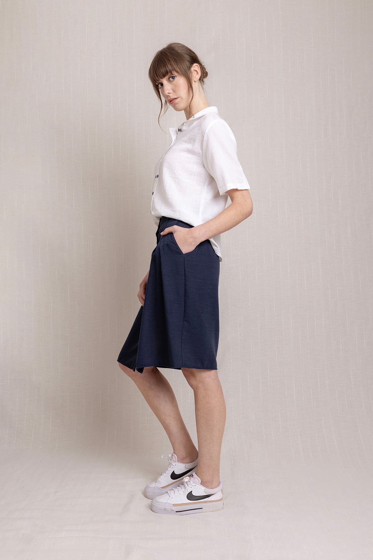 Navy Blue Front Button Pocket Pleated Linen Skirt