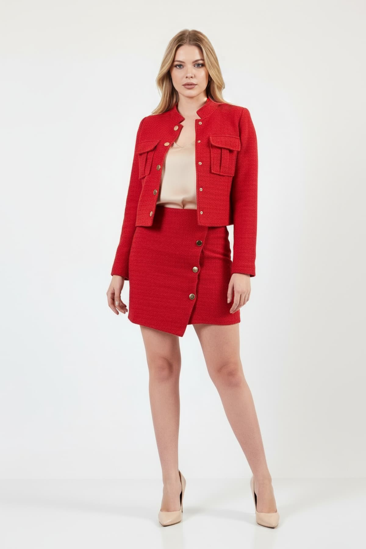 Red Tweed Jacket Asymmetric Skirt Suit Dress
