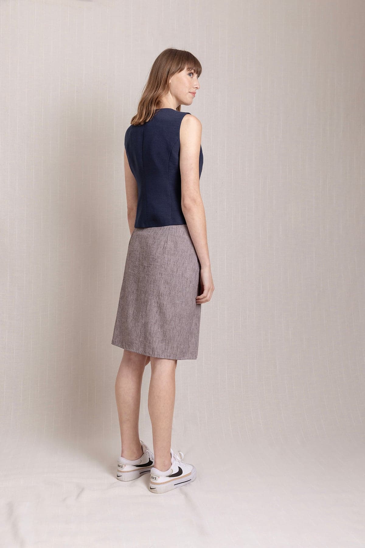 Brown Front Button Pocket Pleated Linen Skirt