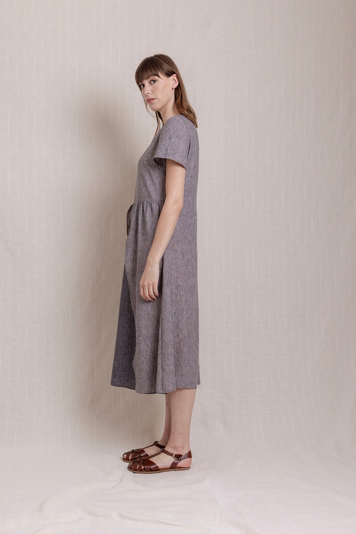 Gray Short Sleeve Linen Dress
