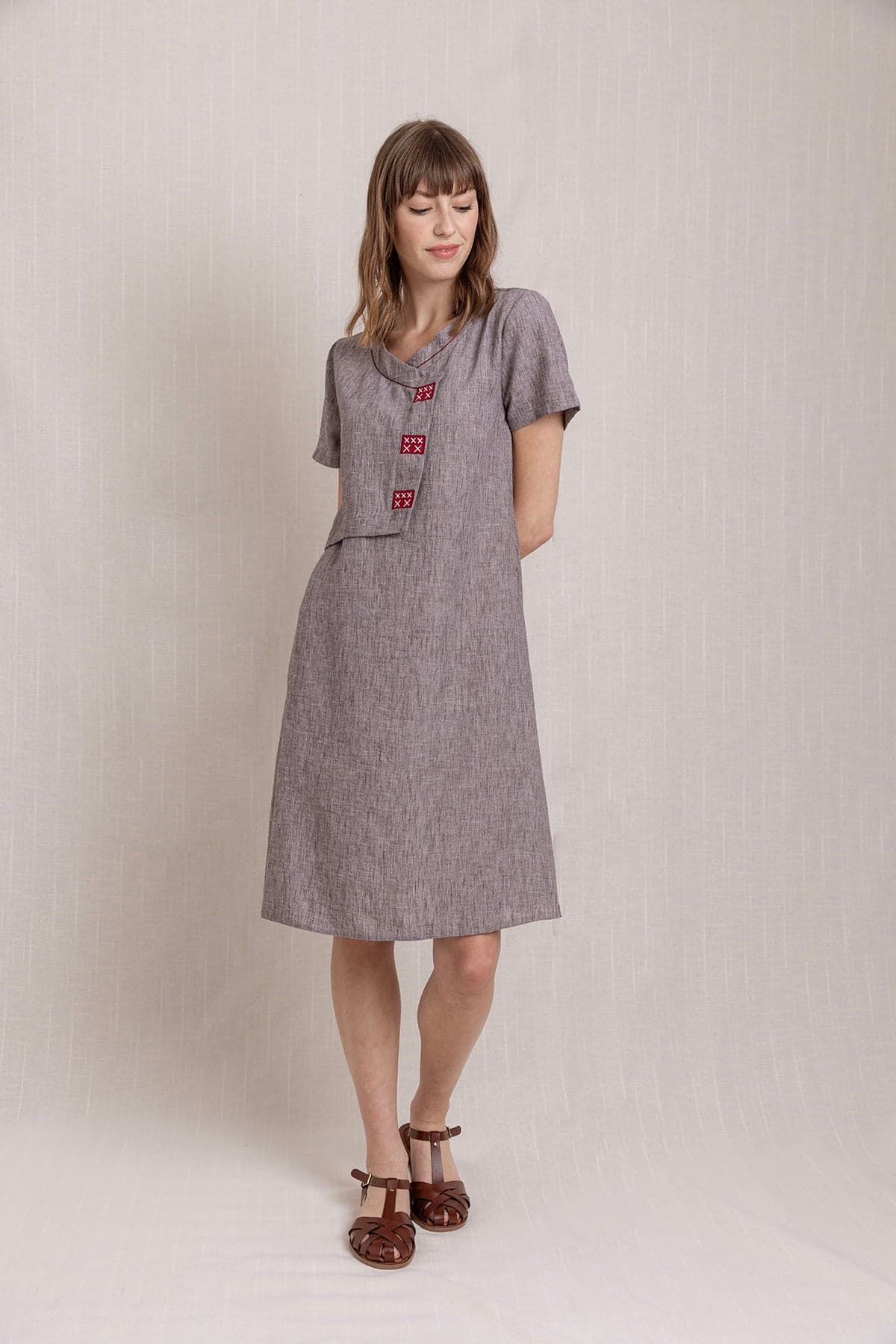 Gray Embroidered Linen Dress