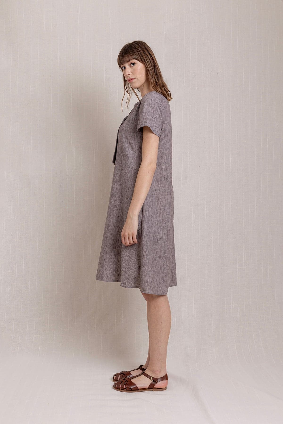 Gray Embroidered Linen Dress