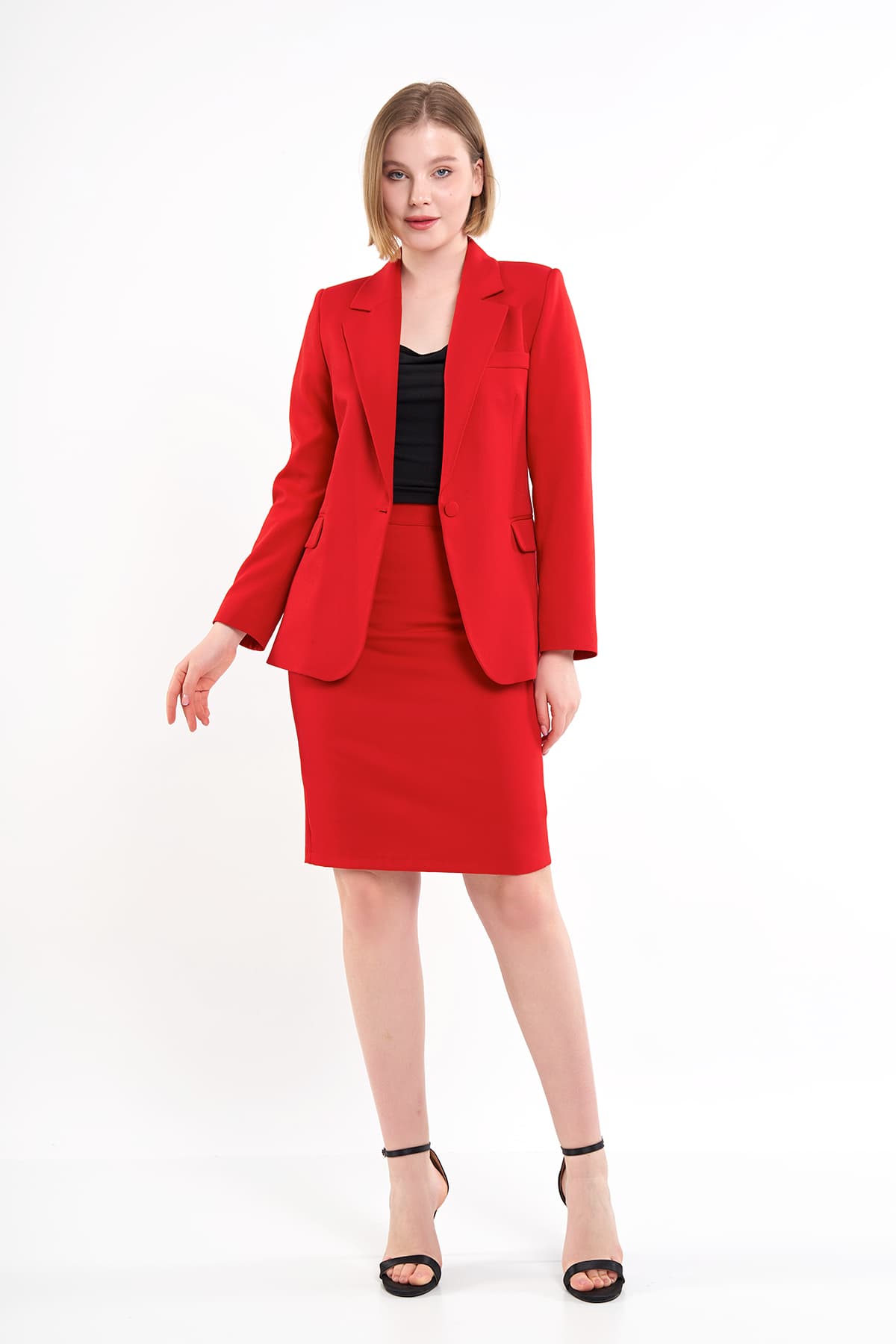 Red Jacket Skirt Suit