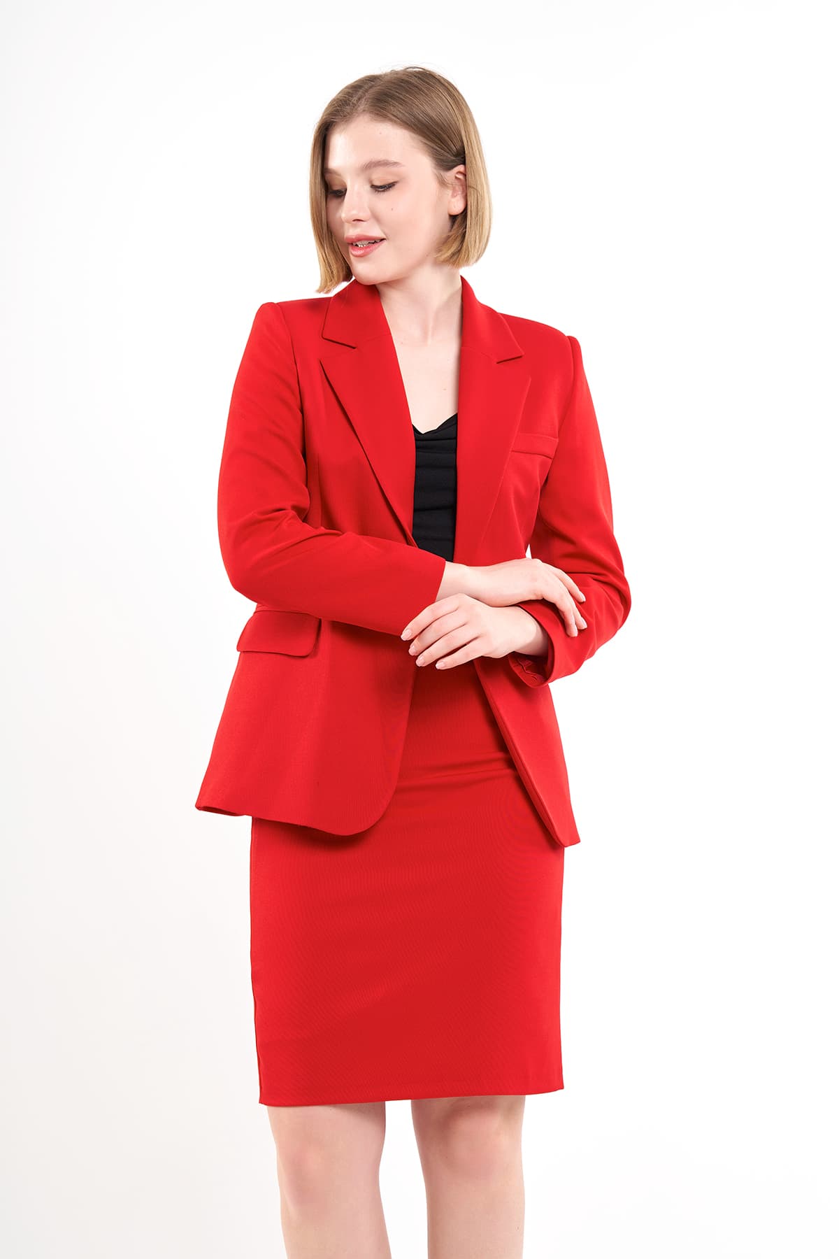 Red Jacket Skirt Suit