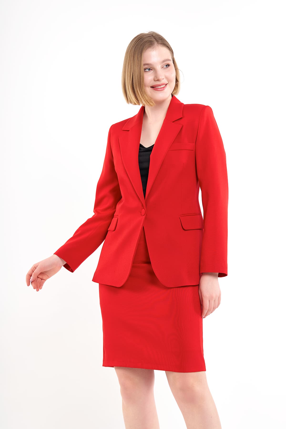 Red Jacket Skirt Suit